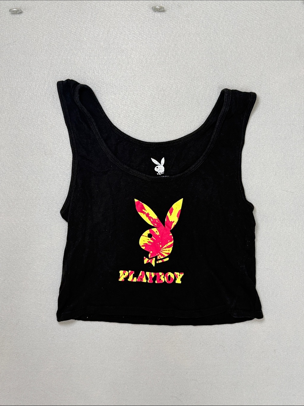 PLAYBOY Black Crop Tank with Pink and Yellow Bunny